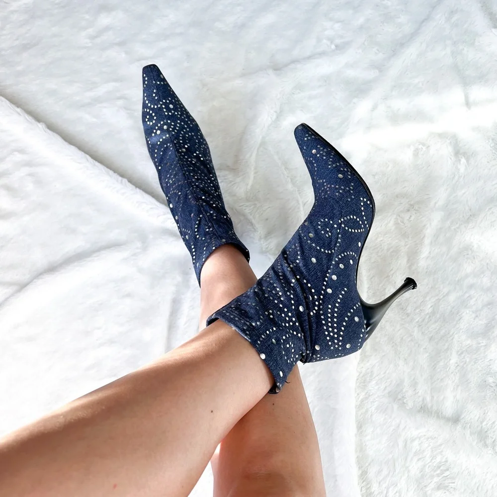 $599 Nando Muzi Sock Ankle Booties Blue Silver Pattern Stiletto Heel 38.5IT